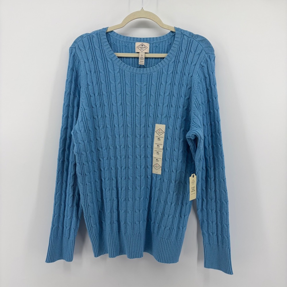 St John's Bay Size XL Blue Sweater Cable Knit Crew Neck Long Sleeve Cotton Blend